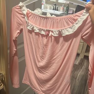 SHEIN Pink and White Ruffle Long Sleeve Top